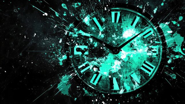 Abstract clock art with teal and black splatters, showing time's passage