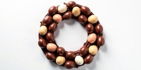 Obraz premium A chocolate egg wreath, glossy brown shells, white background , chocolate treat, springtime