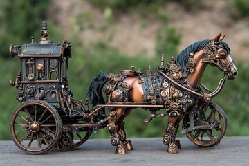 Fototapeta premium Intricate steampunk horse-drawn carriage showcasing unique mechanical design and vintage aesthetics in a dimly lit environment