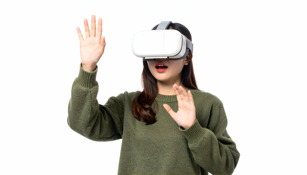 Young woman engaging with virtual reality technology while wearing a VR headset indoors - Powered by Adobe