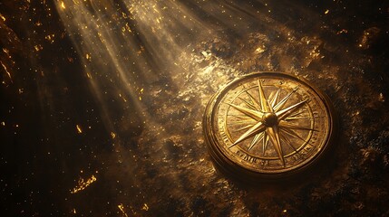 Antique golden compass shining brightly on the dark textured background