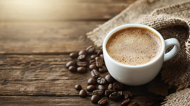 Hot coffee in white cup on rustic table with scattered beans on a wooden table, next to burlap cloth, cozy and inviting.
