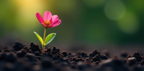 A single pink floral stem pushes through dark soil , macro photography, detail, delicate stem