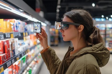 Shopper explores supermarket aisles with augmented reality glasses for product information and details