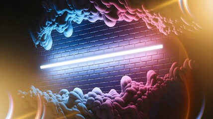 Artistic Neon Lit Brick Wall with Abstract Blue and Pink Smoke or Cloud Formation