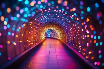 Colorful illuminated tunnel creates a stunning visual experience with shimmering lights in various hues