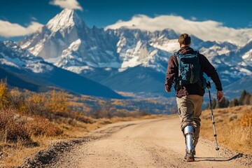 Young man with prosthetic leg hikes along dirt road in mountainous terrain under cloudy skies