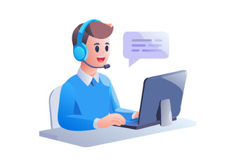 Customer service, support and call center concept. Operator avatar wearing headset talking by microphone and chatting with client. 3d realistic character. Vector illustration