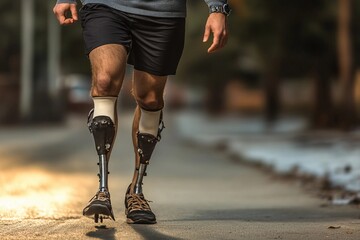 Man confidently walking on the street with a prosthetic leg during a sunny day in an urban environment