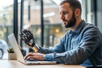 Man with prosthetic hand uses laptop for work in casual indoor setting during daylight
