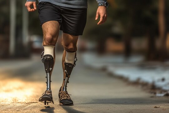 Man confidently walking on the street with a prosthetic leg during a sunny day in an urban environment