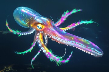 Giant squid displaying vibrant fluorescent feathers on its tentacles in a deep ocean habitat