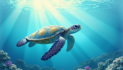 Obraz premium Sea Turtle Swimming Gracefully in Ocean with Sunlight Rays