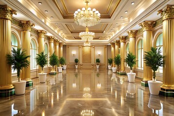Luxurious and elegant interior design featuring golden pillars and grand crystal chandeliers