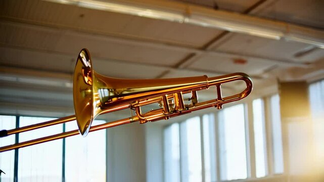 Elegant golden trombone shines in studio, reflecting light with modern, professional atmosphere. Bright, gleaming brass instrument.