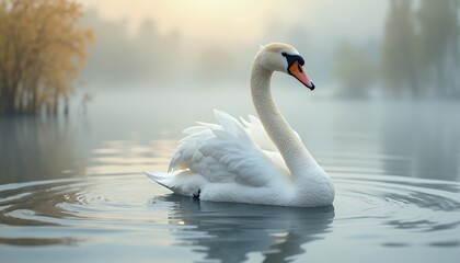 Fototapeta premium Elegant White Swan Swimming in Misty Lake at Sunrise Serenity