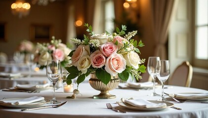 Elegant wedding table centerpiece with floral arrangements, celebration, arrangement, decorations