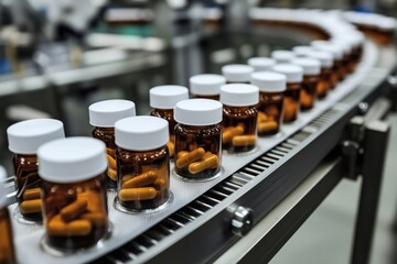 Orange pill bottles on automated production line in a pharmaceutical factory. Capsules inside bottles show precision in healthcare manufacturing environment