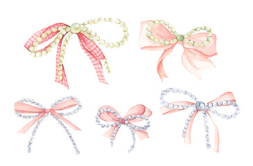 Coquette Pearl Bow Watercolor Illustration