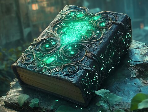 Mystical tome illuminating with arcane energy resting upon a weathered stone