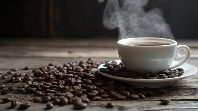 Aromatic Coffee Brew: A steaming cup of fresh coffee rests on a rustic wooden surface, surrounded by scattered coffee beans, creating a sensory experience of warmth and comfort.