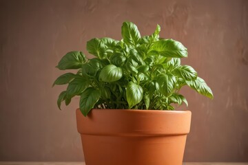 Fototapeta premium A vibrant basil plant in a terracotta pot, isolated , summer, spice, kitchen herb