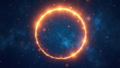 Celestial orb, glowing golden light circle on deep blue backdrop, dark, halo, shimmer