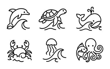 Marine life outline icons set – aquatic, sealife, ocean-themed symbols