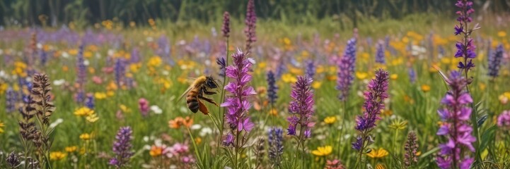 Obraz premium Busy bee collecting nectar from vibrant spring wildflowers , blossom, garden