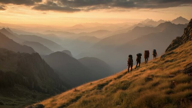 Ascent Into Awe: A small group of adventurers ascends a sun-kissed mountain slope, each step carrying them closer to panoramic heights. The golden sunlight bathes the landscape in warmth.