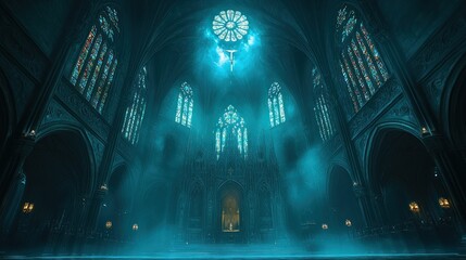 Fototapeta premium Mystical church interior, stained glass, dramatic lighting