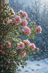 Fototapeta premium Delicate snow-laden wild rose bush clinging to frosty windowpane , white, icy