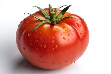Glossy Red Tomato with Green Leaves on White Background in High Resolution
