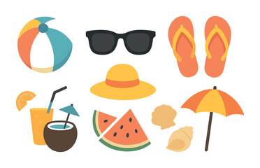 Beach and summer flat icons set – sunny, vacation, and travel symbols