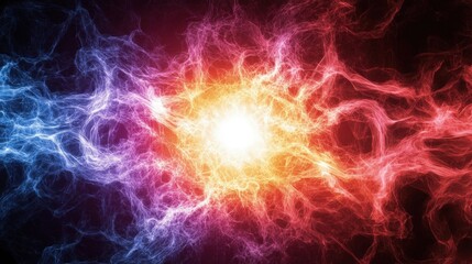 Vibrant energy clash; blue and red plasma swirls converge on a bright core