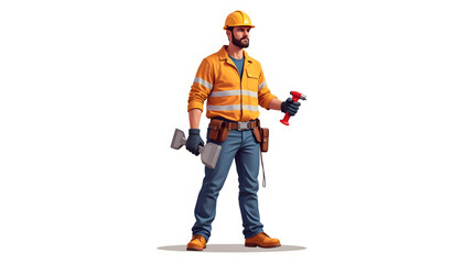 A construction worker equipped with essential safety gear, including a bright yellow hard hat, a high-visibility reflective vest, and protective gloves. The worker holds a sturdy spade in one hand