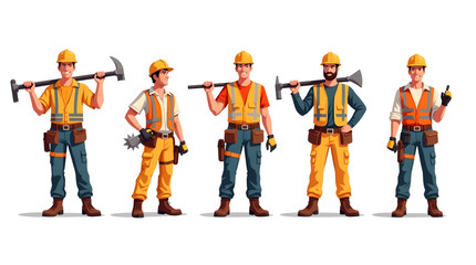 the construction industry through the presence of five dedicated workers standing at a busy worksite. Each individual is equipped with essential safety gear including hardhat, gloves, boots. design