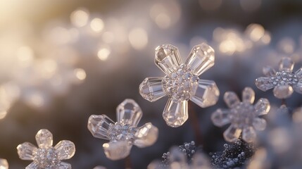Detailed close-up view of intricate snow crystals.