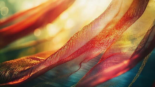 Sunlit, translucent fabric with warm, reddish-gold hues flows gently in the breeze, creating a dreamy, ethereal effect