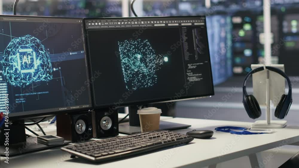 Fototapete ai development workstation in data center with dual monitors displaying machine learning code. serve