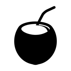 A simple black and white illustration of a coconut with a straw