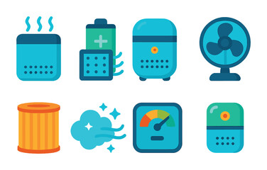 Air quality gadgets icons set – flat, filled, purifier and humidity symbols