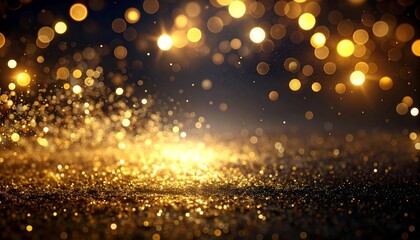 Abstract illustration of golden bokeh lights sparkling on black background.