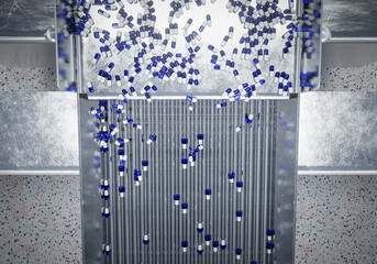 Blue and white capsules sorted in a pharmaceutical processing machine, showcasing manufacturing efficiency. 3d render