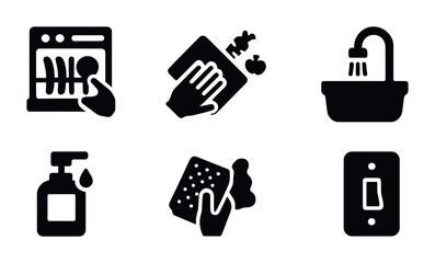 Kitchen and cleaning solid icons set – household, chores, daily tasks symbols