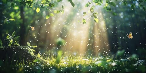 Sunbeams filter through a lush green forest, illuminating grass, leaves, butterflies, and floating particles in a magical, serene woodland scene.