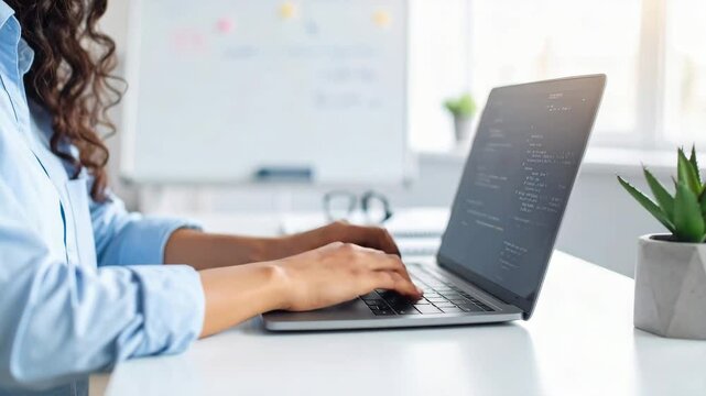 Tech startup founder coding software on laptop in bright modern office with plant and whiteboard showing focus and innovation