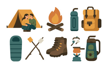 Camping adventures icons set – flat style, outdoor and hiking essentials