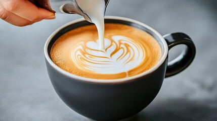 Latte art creation, milk pouring, cafe, grey background, beverage menu
