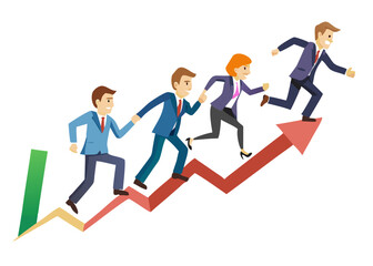 Business Success Concept. Vector cartoon illustration of a group of diverse people in business suits running up a rising graph